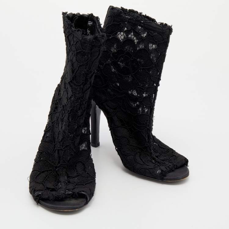 Pre Owned Dolce & Gabbana Black Lace Peep Toe Booties Size 36