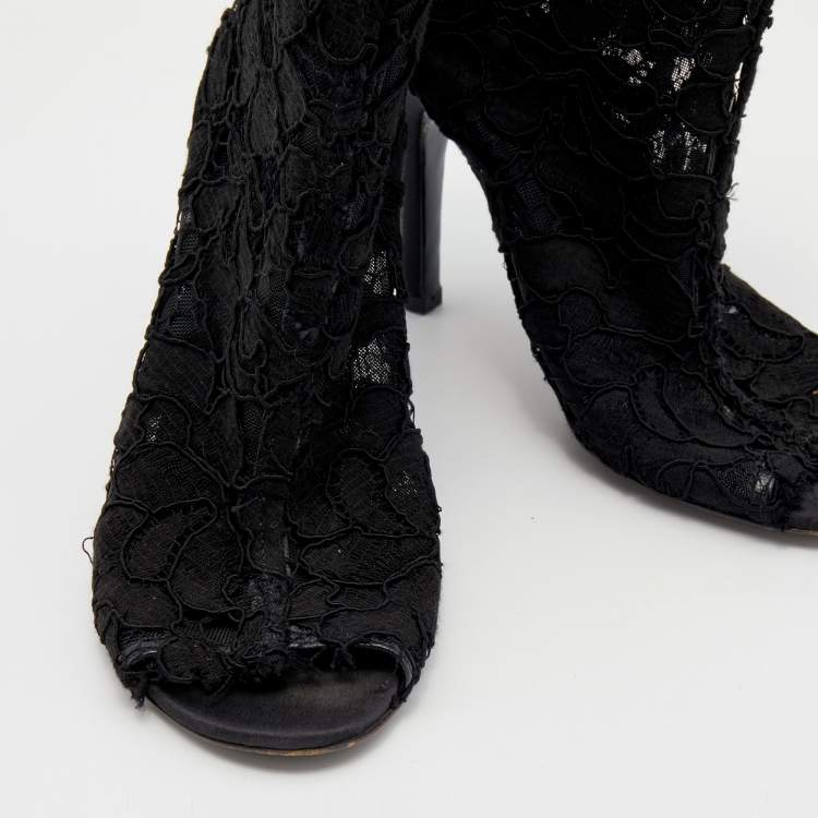 Pre Owned Dolce & Gabbana Black Lace Peep Toe Booties Size 36