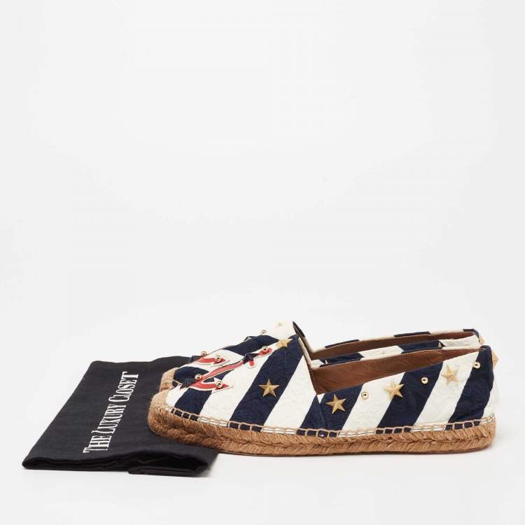 Pre Owned Dolce & Gabbana Navy Blue/White Striped Brocade Fabric Star Studded Anchor Flat Espadrilles Size 40