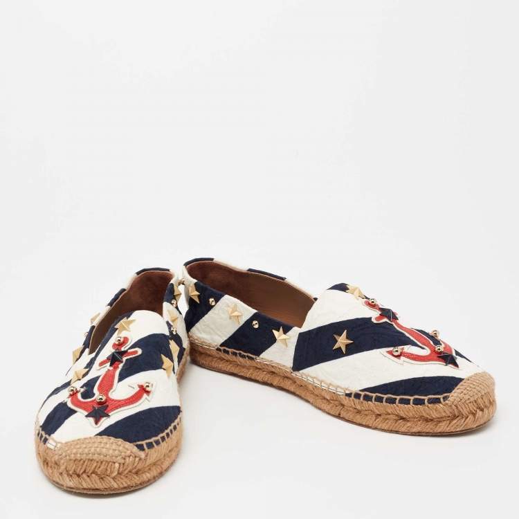 Pre Owned Dolce & Gabbana Navy Blue/White Striped Brocade Fabric Star Studded Anchor Flat Espadrilles Size 40