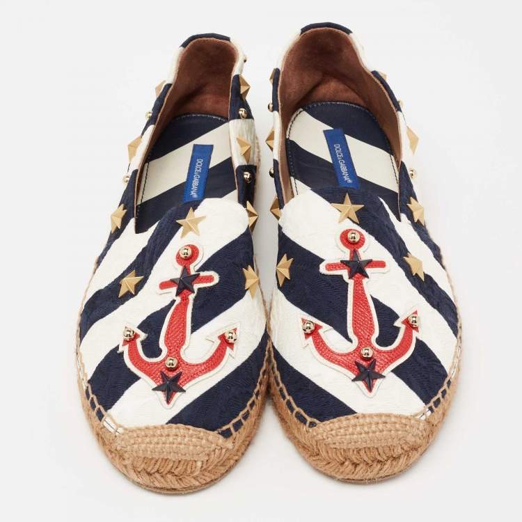 Pre Owned Dolce & Gabbana Navy Blue/White Striped Brocade Fabric Star Studded Anchor Flat Espadrilles Size 40