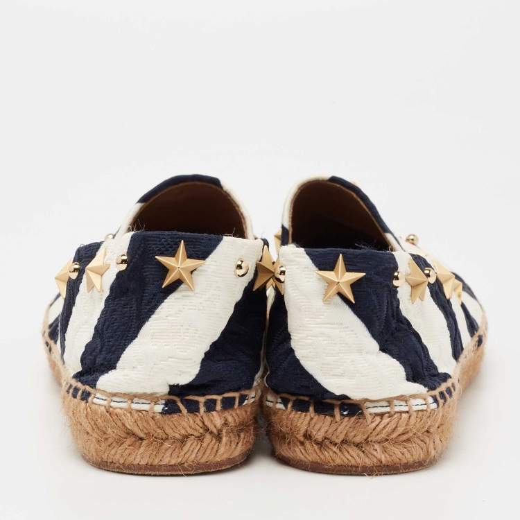 Pre Owned Dolce & Gabbana Navy Blue/White Striped Brocade Fabric Star Studded Anchor Flat Espadrilles Size 40
