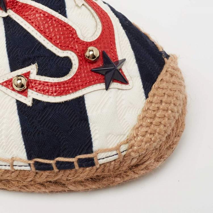 Pre Owned Dolce & Gabbana Navy Blue/White Striped Brocade Fabric Star Studded Anchor Flat Espadrilles Size 40