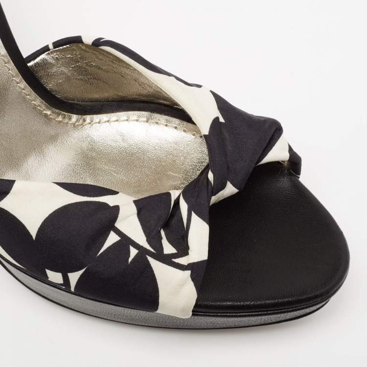 Pre Owned Dolce & Gabbana Black/White Printed Fabric Ankle Wrap Platform Sandals Size 41