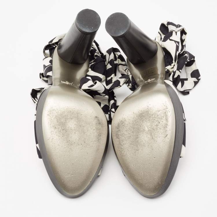 Pre Owned Dolce & Gabbana Black/White Printed Fabric Ankle Wrap Platform Sandals Size 41