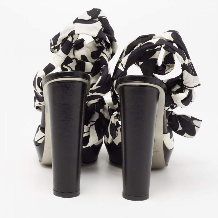 Pre Owned Dolce & Gabbana Black/White Printed Fabric Ankle Wrap Platform Sandals Size 41