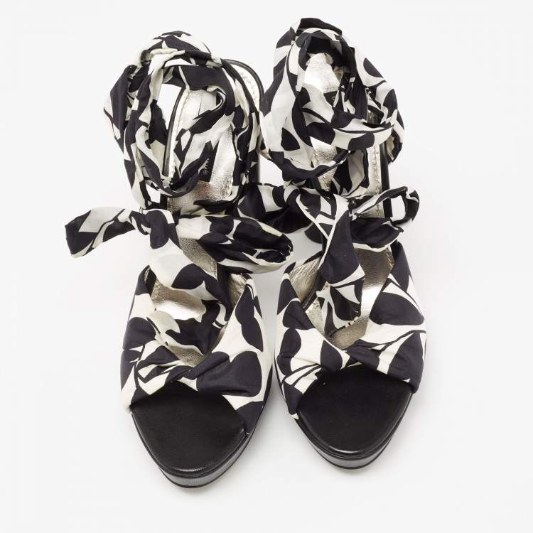 Pre Owned Dolce & Gabbana Black/White Printed Fabric Ankle Wrap Platform Sandals Size 41