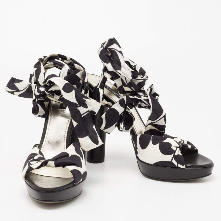 Pre Owned Dolce & Gabbana Black/White Printed Fabric Ankle Wrap Platform Sandals Size 41