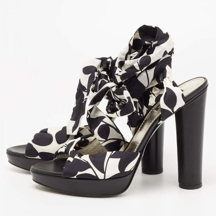Pre Owned Dolce & Gabbana Black/White Printed Fabric Ankle Wrap Platform Sandals Size 41