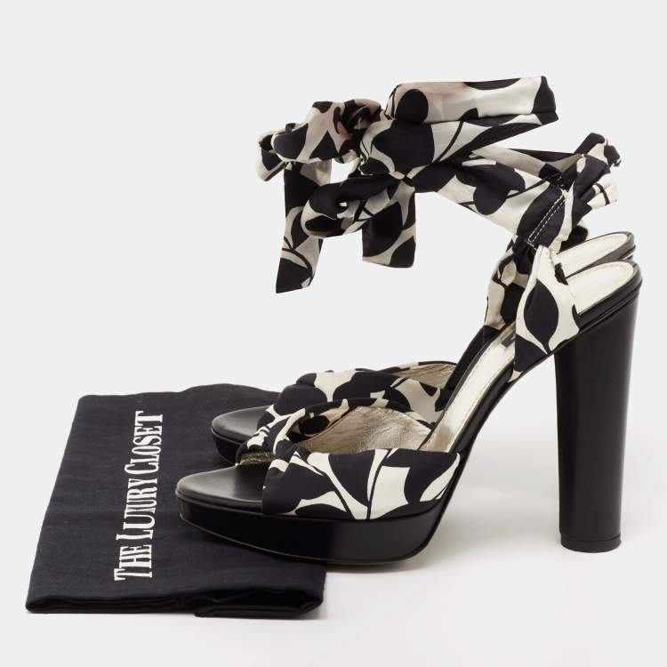 Pre Owned Dolce & Gabbana Black/White Printed Fabric Ankle Wrap Platform Sandals Size 41
