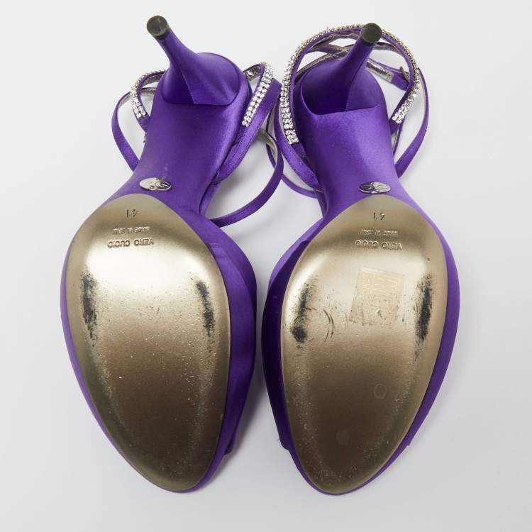 Pre Owned Dolce & Gabbana Purple Satin Crystal Embellished Ankle Strap Platform Sandals Size 41