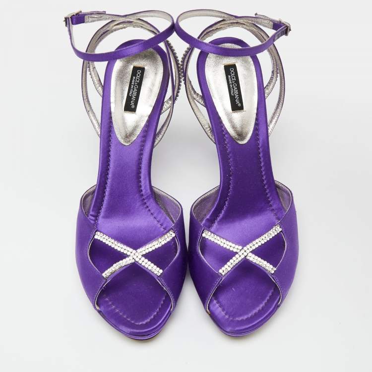 Pre Owned Dolce & Gabbana Purple Satin Crystal Embellished Ankle Strap Platform Sandals Size 41