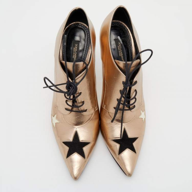 Pre Owned Dolce & Gabbana Metallic Gold Leather Star Pointed Toe Booties Size 40