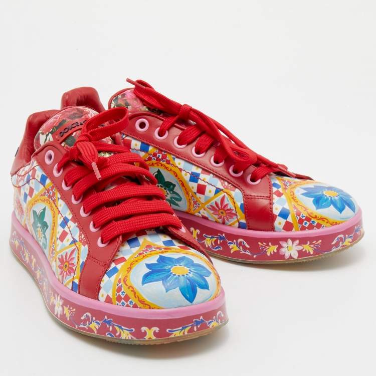 Pre Owned Dolce & Gabbana Multicolor Majolica Print Leather Low Top Sneakers Size 36