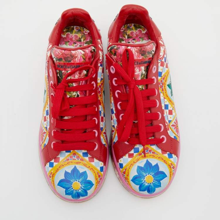Pre Owned Dolce & Gabbana Multicolor Majolica Print Leather Low Top Sneakers Size 36