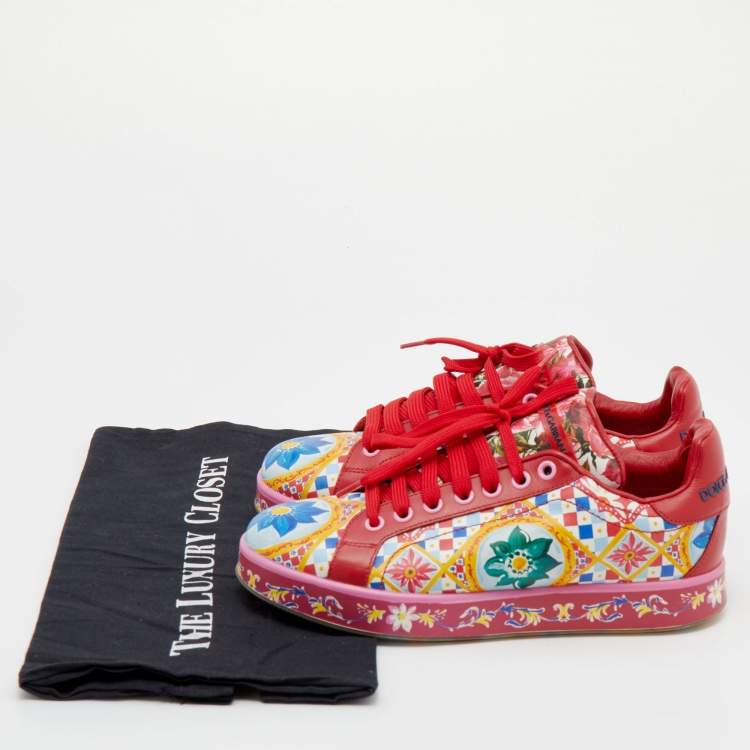 Pre Owned Dolce & Gabbana Multicolor Majolica Print Leather Low Top Sneakers Size 36