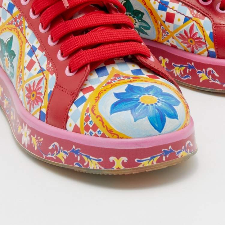 Pre Owned Dolce & Gabbana Multicolor Majolica Print Leather Low Top Sneakers Size 36