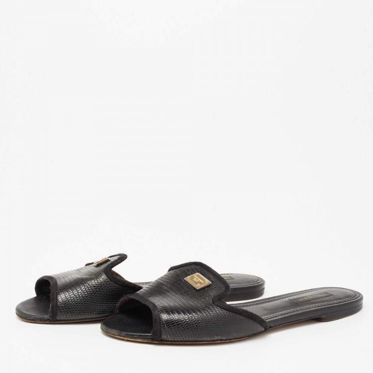 Pre Owned Dolce & Gabbana Black Lizard Embossed Leather Sofia Slides Size 39