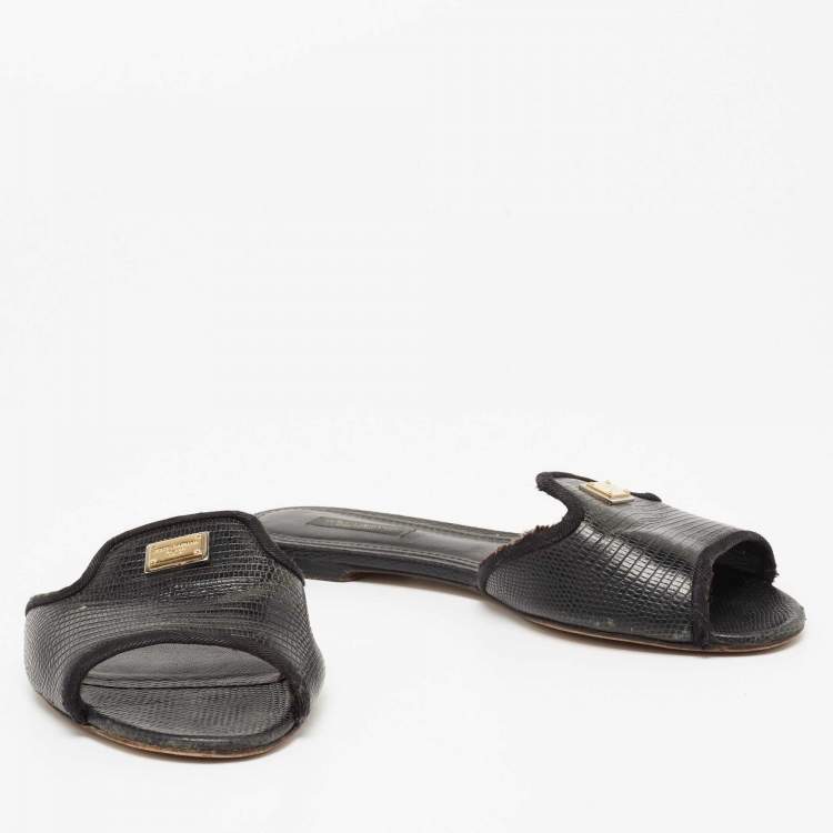 Pre Owned Dolce & Gabbana Black Lizard Embossed Leather Sofia Slides Size 39