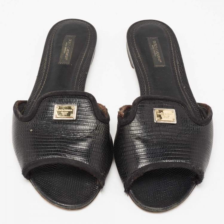 Pre Owned Dolce & Gabbana Black Lizard Embossed Leather Sofia Slides Size 39