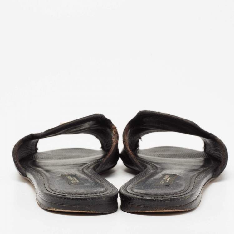 Pre Owned Dolce & Gabbana Black Lizard Embossed Leather Sofia Slides Size 39