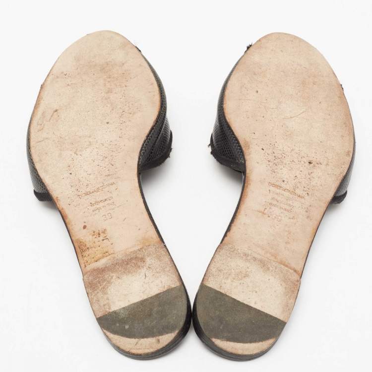 Pre Owned Dolce & Gabbana Black Lizard Embossed Leather Sofia Slides Size 39