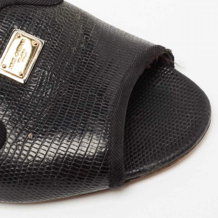 Pre Owned Dolce & Gabbana Black Lizard Embossed Leather Sofia Slides Size 39