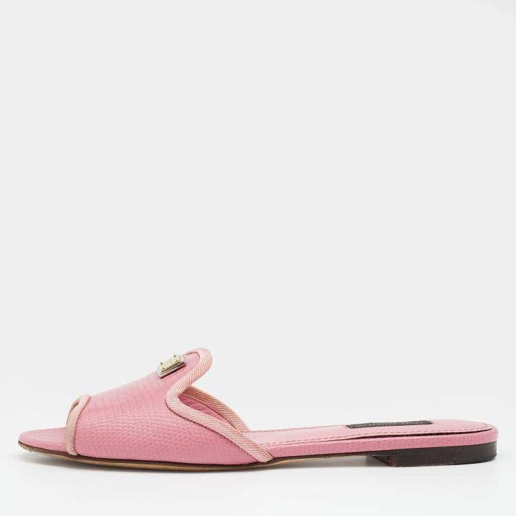 Pre Owned Dolce & Gabbana Pink Lizard Embossed Leather Flat Slides Size 36.5