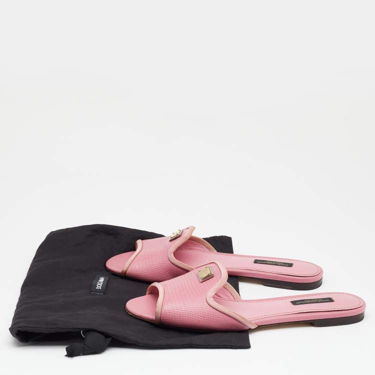 Pre Owned Dolce & Gabbana Pink Lizard Embossed Leather Flat Slides Size 36.5