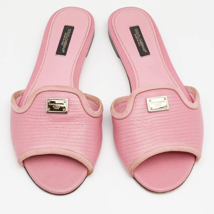Pre Owned Dolce & Gabbana Pink Lizard Embossed Leather Flat Slides Size 36.5
