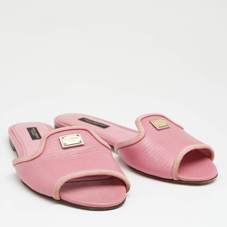 Pre Owned Dolce & Gabbana Pink Lizard Embossed Leather Flat Slides Size 36.5