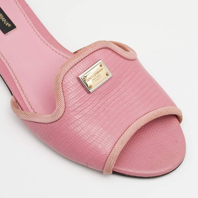Pre Owned Dolce & Gabbana Pink Lizard Embossed Leather Flat Slides Size 36.5