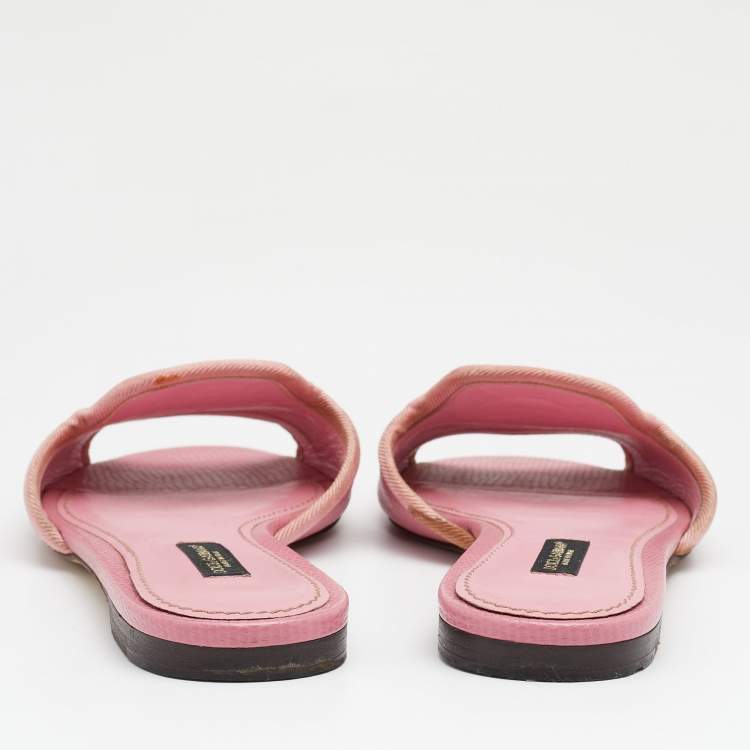 Pre Owned Dolce & Gabbana Pink Lizard Embossed Leather Flat Slides Size 36.5