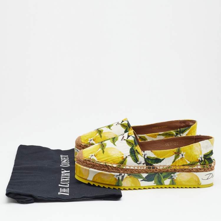 Pre Owned Dolce & Gabbana Multicolor Lemon Print Fabric Platform Espadrilles Size 37