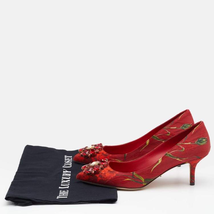 Pre Owned Dolce & Gabbana Red Floral Print Fabric Crystal Embellished Pumps Size 38