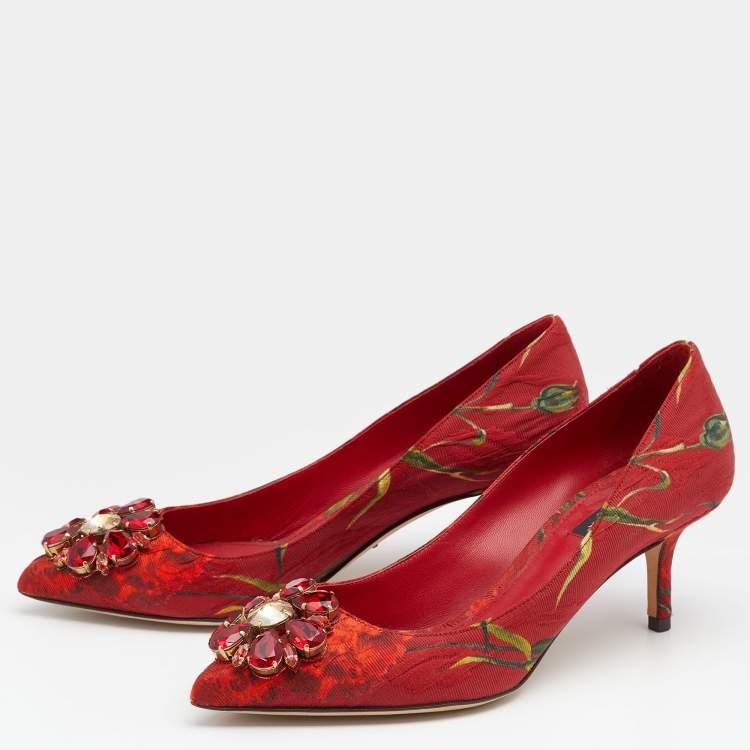 Pre Owned Dolce & Gabbana Red Floral Print Fabric Crystal Embellished Pumps Size 38