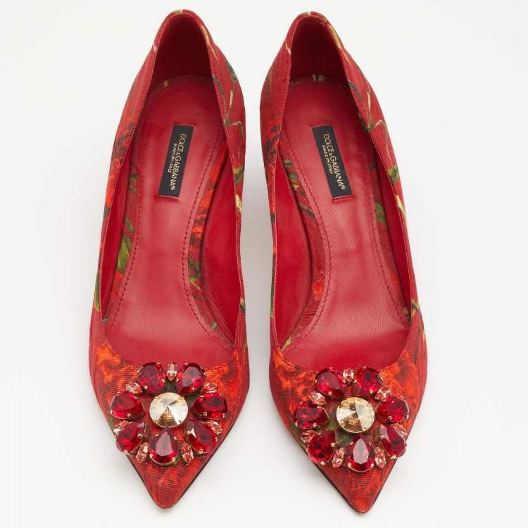 Pre Owned Dolce & Gabbana Red Floral Print Fabric Crystal Embellished Pumps Size 38