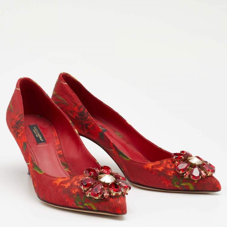 Pre Owned Dolce & Gabbana Red Floral Print Fabric Crystal Embellished Pumps Size 38