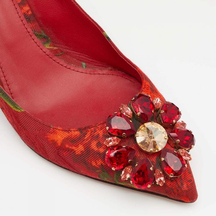 Pre Owned Dolce & Gabbana Red Floral Print Fabric Crystal Embellished Pumps Size 38