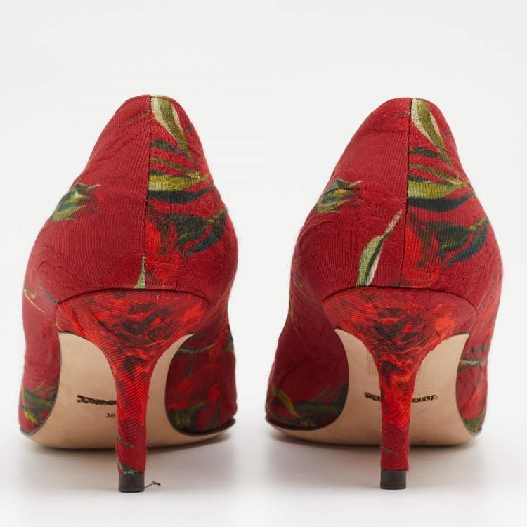 Pre Owned Dolce & Gabbana Red Floral Print Fabric Crystal Embellished Pumps Size 38