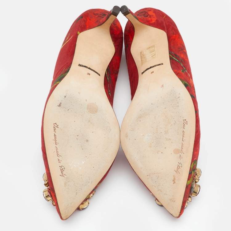 Pre Owned Dolce & Gabbana Red Floral Print Fabric Crystal Embellished Pumps Size 38