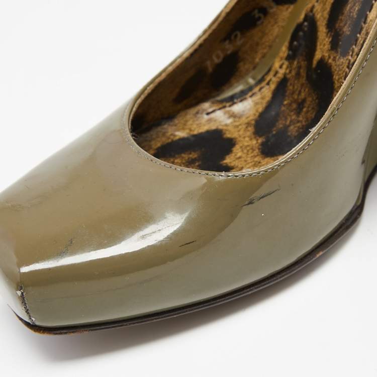 Pre Owned Dolce & Gabbana Olive Green Patent Leather Wedge  Pumps Size 38