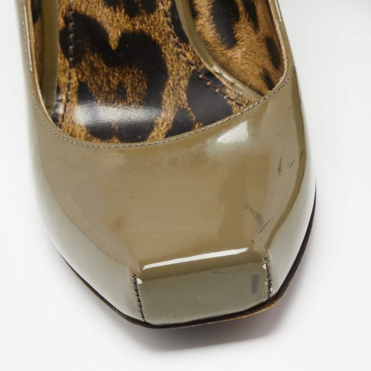 Pre Owned Dolce & Gabbana Olive Green Patent Leather Wedge  Pumps Size 38