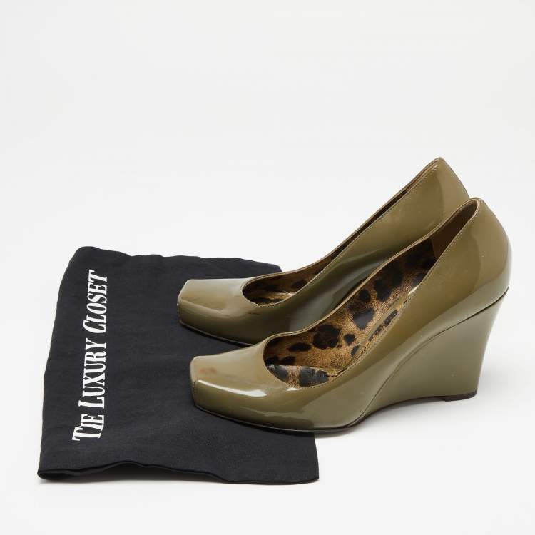 Pre Owned Dolce & Gabbana Olive Green Patent Leather Wedge  Pumps Size 38