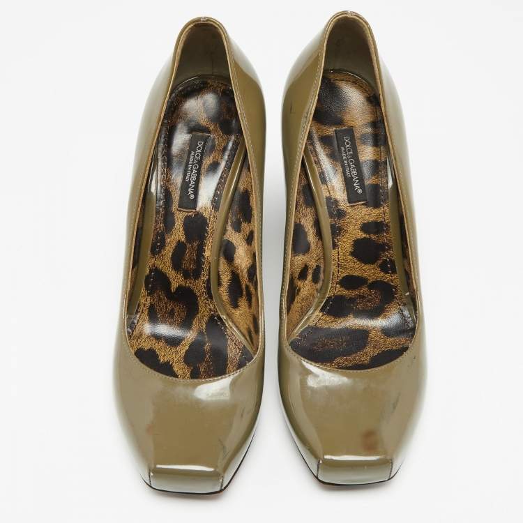 Pre Owned Dolce & Gabbana Olive Green Patent Leather Wedge  Pumps Size 38