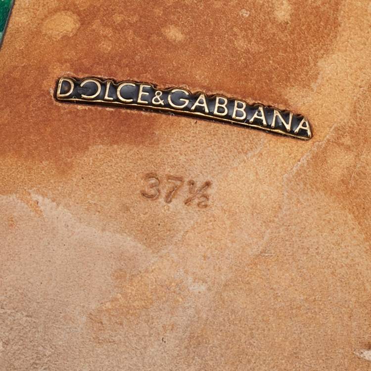 مملوكة مسبقًا Dolce & Gabbana Green/White Banana Leaf-Print Fabric Crystal Embellished Slingback Sandals Size 37.5