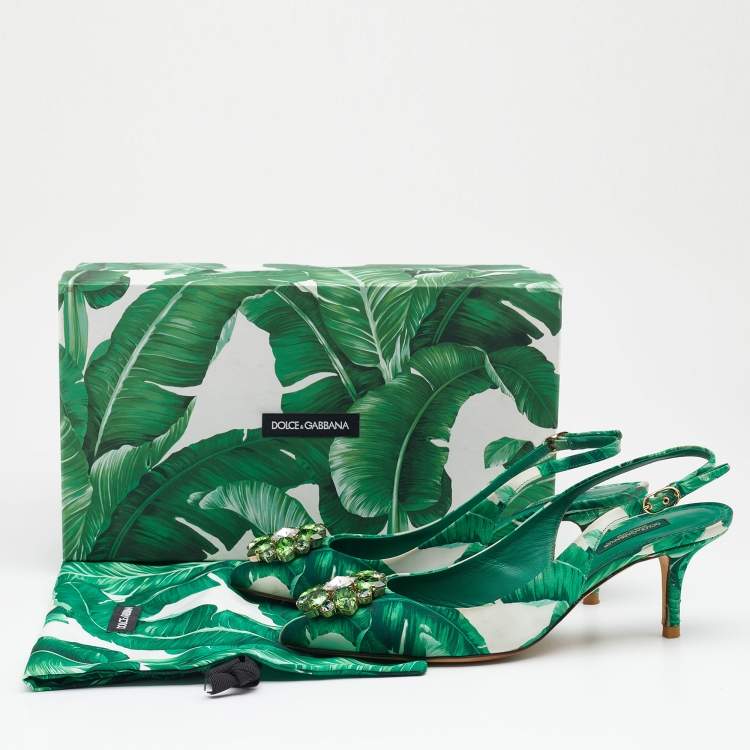 مملوكة مسبقًا Dolce & Gabbana Green/White Banana Leaf-Print Fabric Crystal Embellished Slingback Sandals Size 37.5