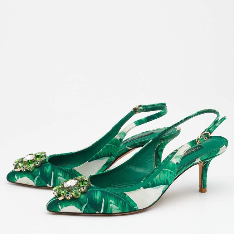 مملوكة مسبقًا Dolce & Gabbana Green/White Banana Leaf-Print Fabric Crystal Embellished Slingback Sandals Size 37.5