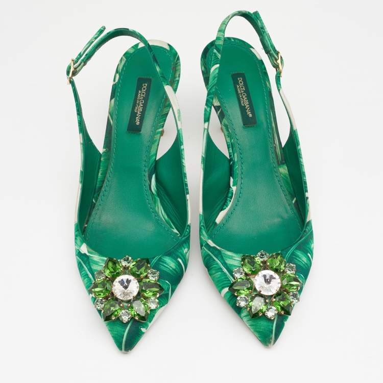 مملوكة مسبقًا Dolce & Gabbana Green/White Banana Leaf-Print Fabric Crystal Embellished Slingback Sandals Size 37.5