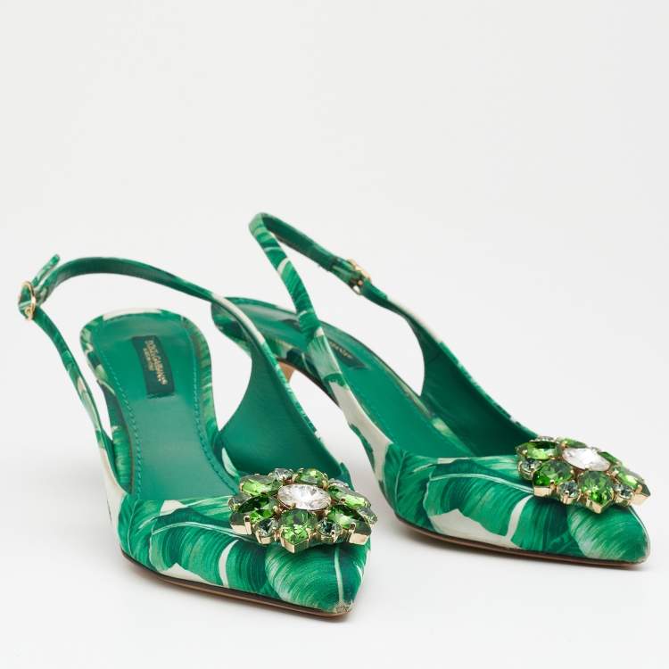 مملوكة مسبقًا Dolce & Gabbana Green/White Banana Leaf-Print Fabric Crystal Embellished Slingback Sandals Size 37.5